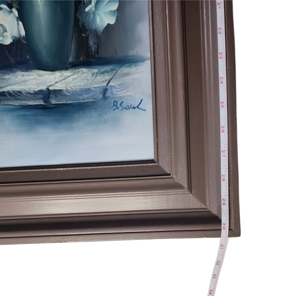 Vintage B. Sokal Blue Floral Oil Painting Textured Palette Knife Framed Wall Art - Picture 7 of 8